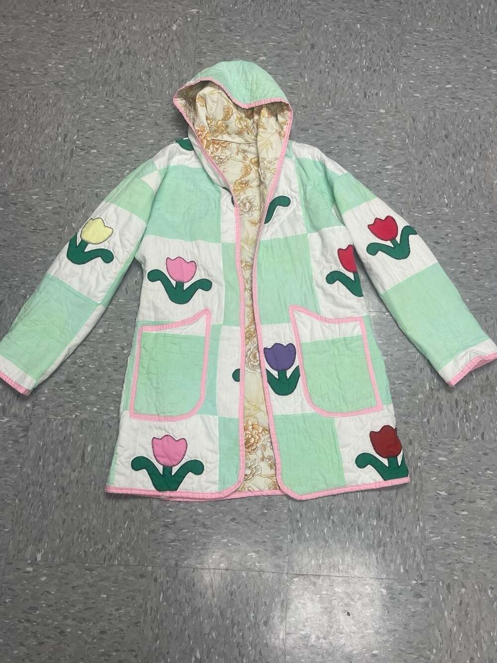 Vintage Handmade Quilt Patchwork Hooded Trench Coat